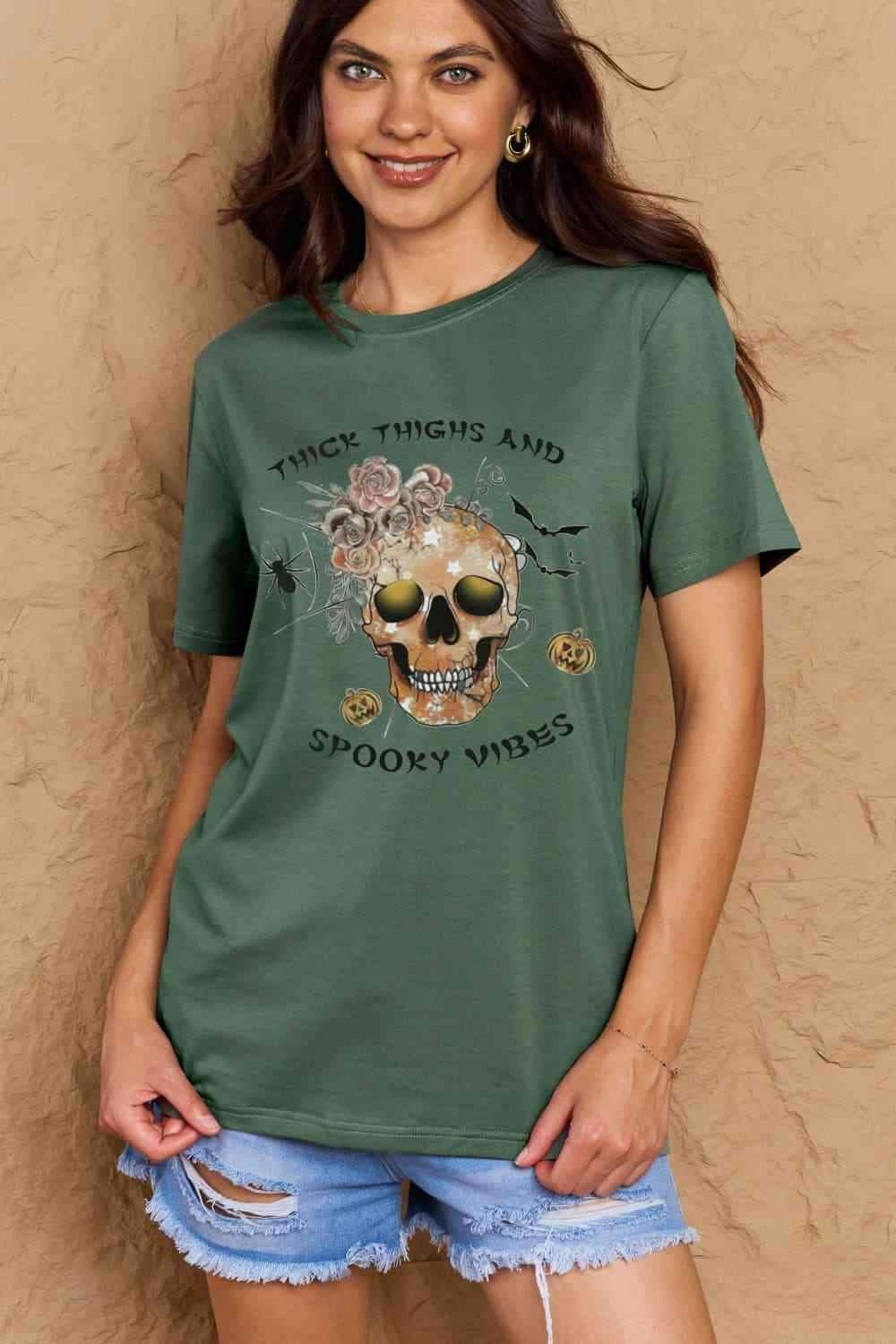 Simply Love Full Size THICK THIGHS AND SPOOKY VIBES Graphic Cotton T-Shirt Women's T-Shirts - Tophatter Daily Deals