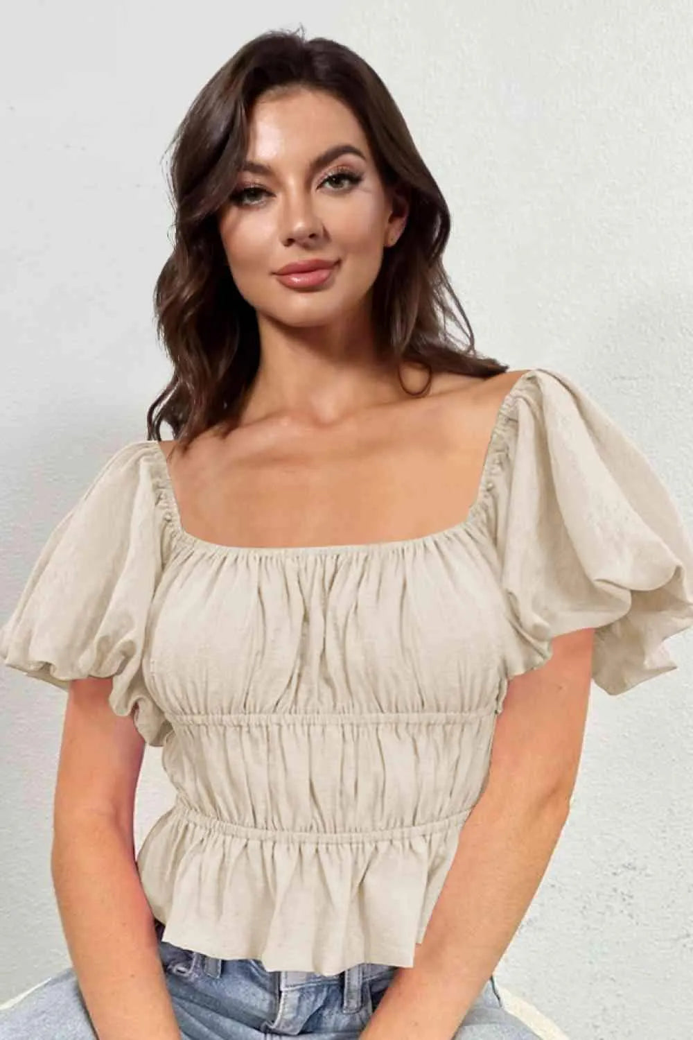 Square Neck Balloon Sleeve Cropped Blouse Khaki Blouses - Tophatter Daily Deals