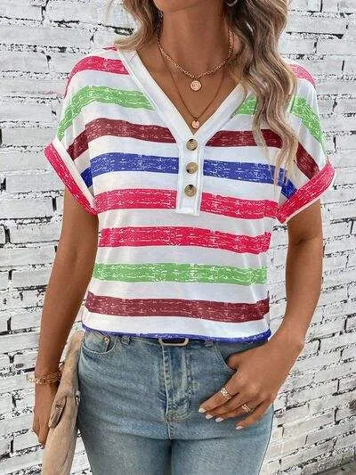 Striped V-Neck Short Sleeve T-Shirt Women's T-Shirts - Tophatter Daily Deals