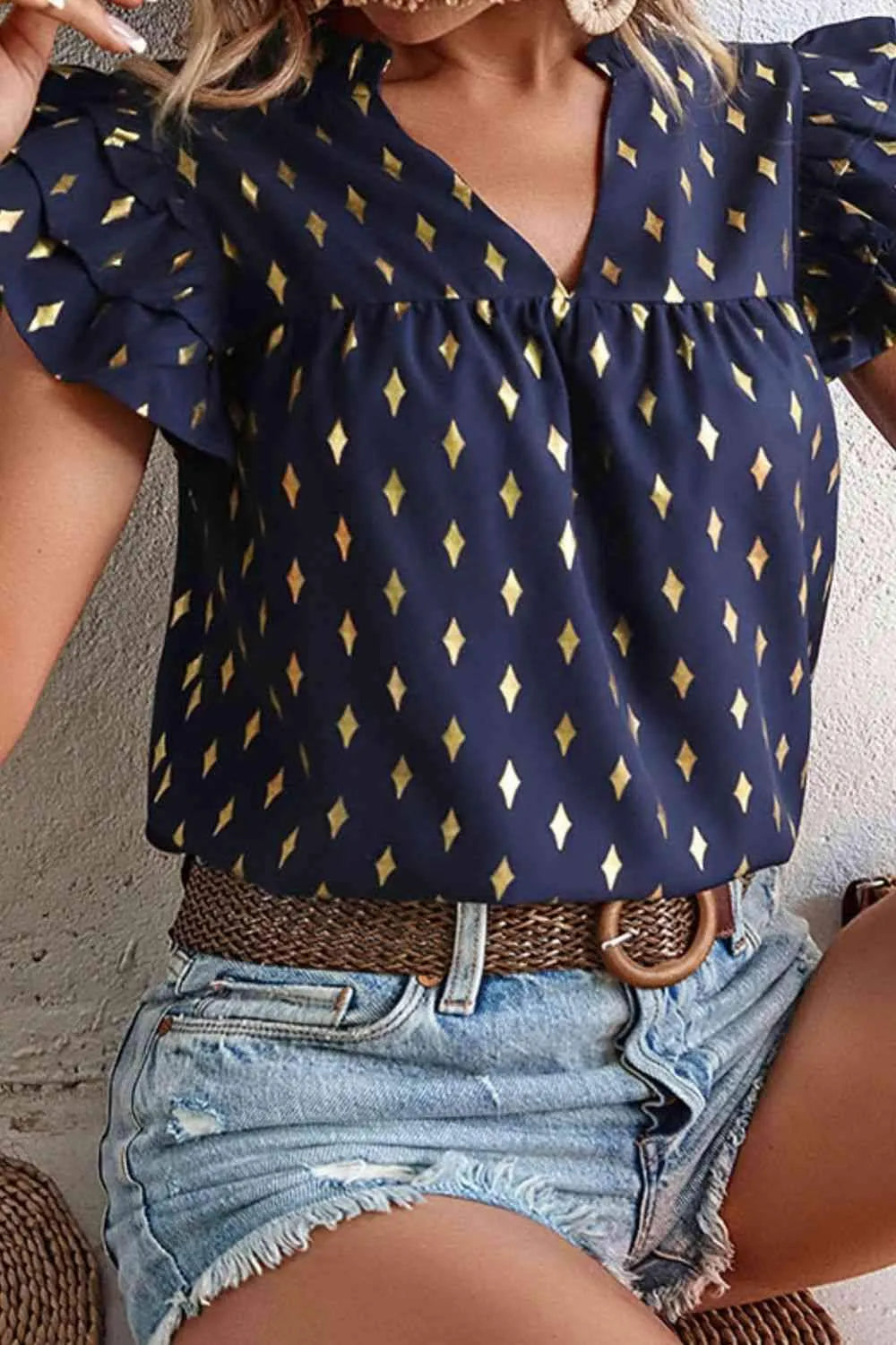 Printed Flutter Sleeve Notched Neck Blouse Blouses - Tophatter Daily Deals