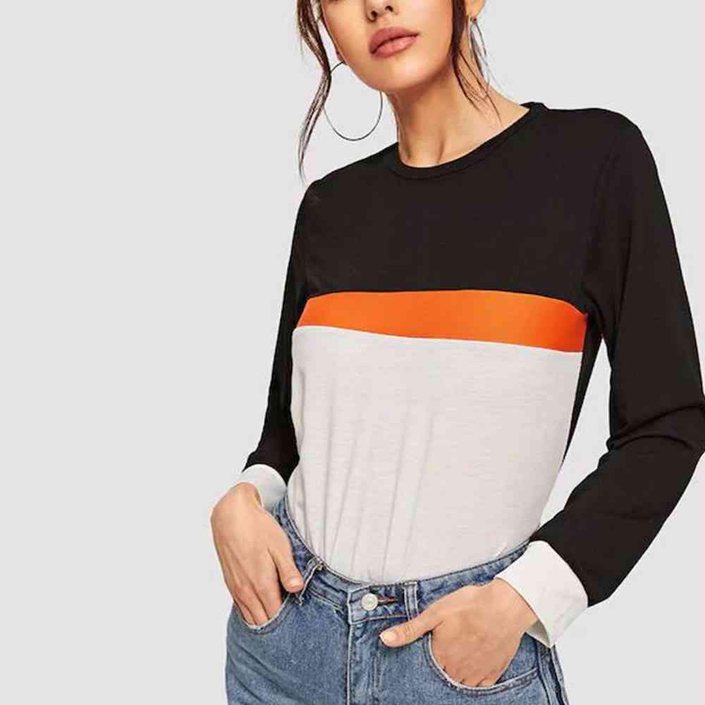 Color Block Round Neck Long Sleeve Tee Women's T-Shirts - Tophatter Daily Deals