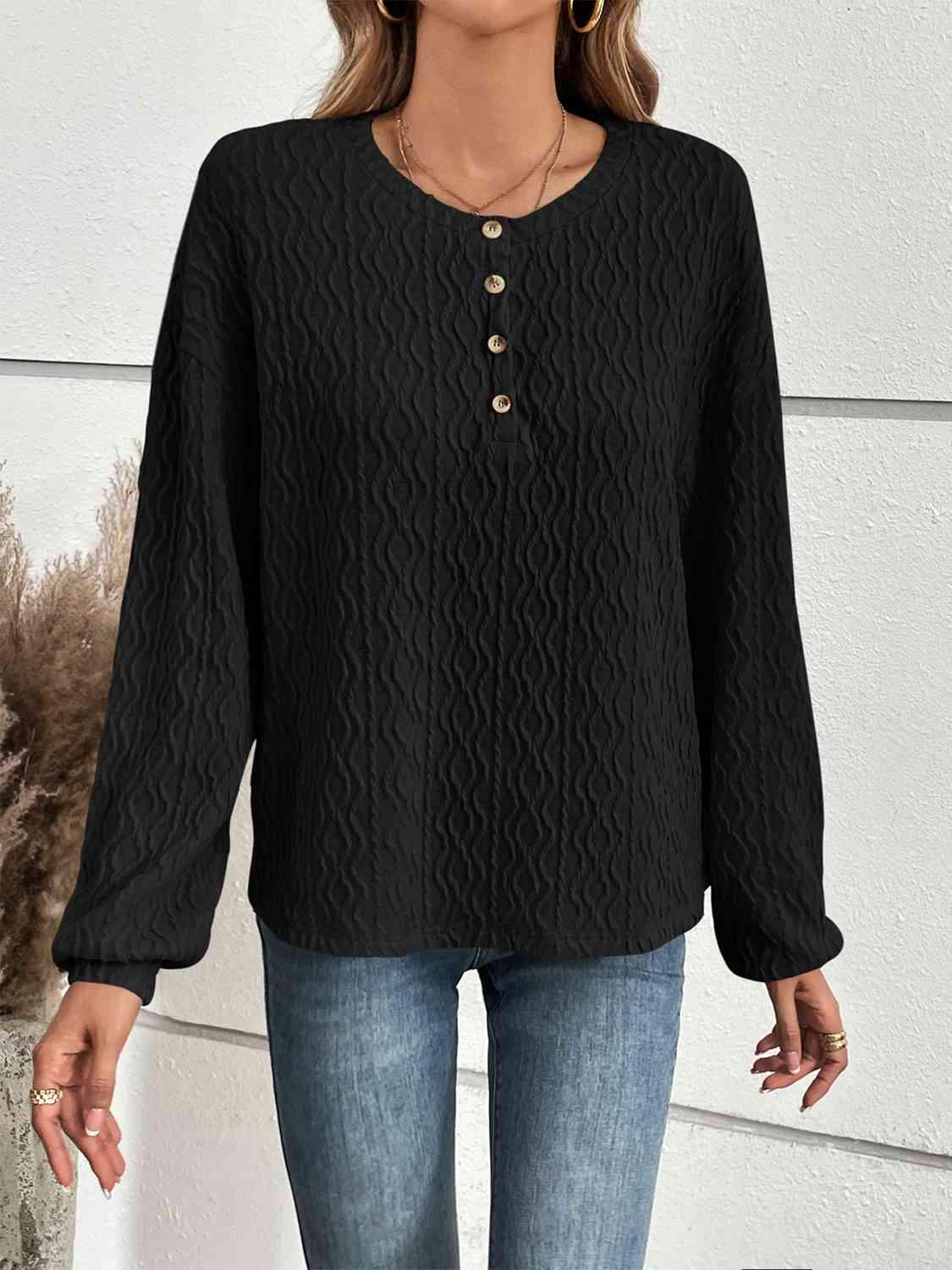 Half Button Long Sleeve Top Black Blouses - Tophatter Daily Deals