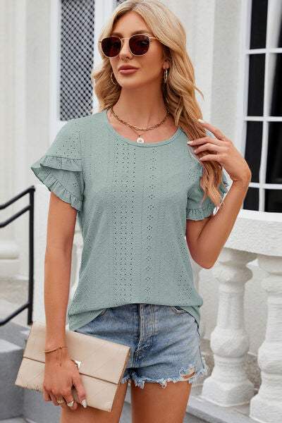 Eyelet Round Neck Petal Sleeve T-Shirt Women's T-Shirts - Tophatter Daily Deals