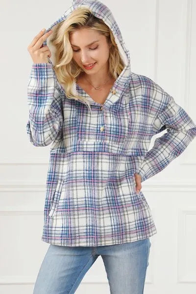 Plaid Long Sleeve Buttoned Hoodie Light Gray Blouses - Tophatter Daily Deals