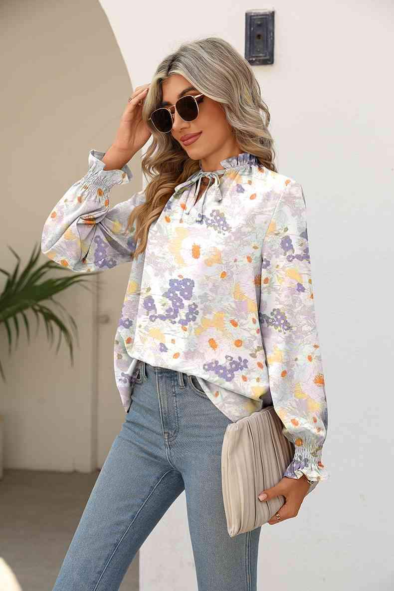 Printed Tie Neck Flounce Sleeve Blouse Blouses - Tophatter Daily Deals