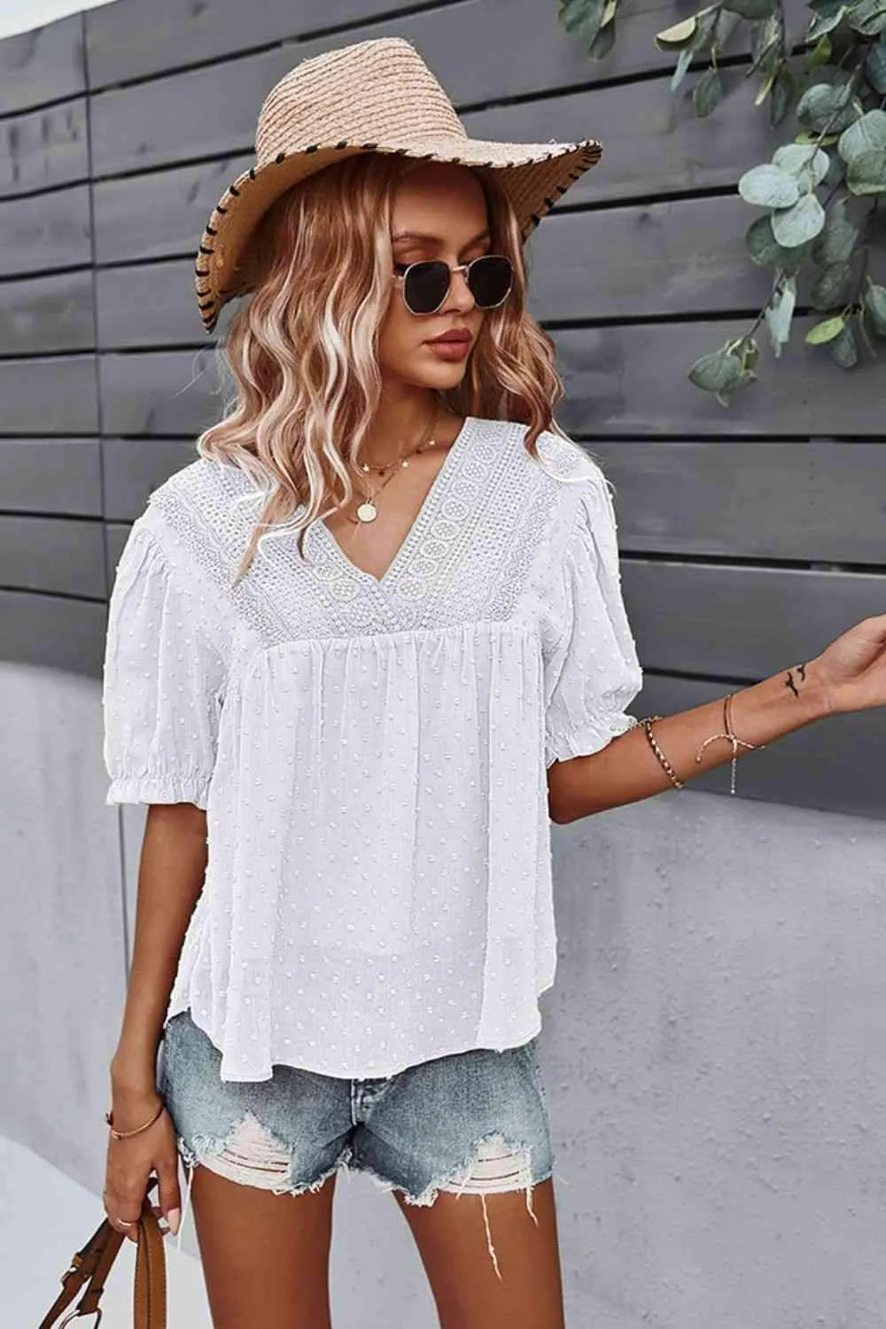 Swiss Dot V-Neck Flounce Sleeve Blouse Blouses - Tophatter Daily Deals