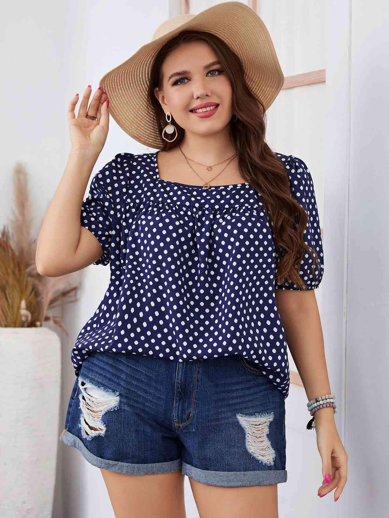 Plus Size Polka Dot Square Neck Blouse Navy Blouses - Tophatter Daily Deals