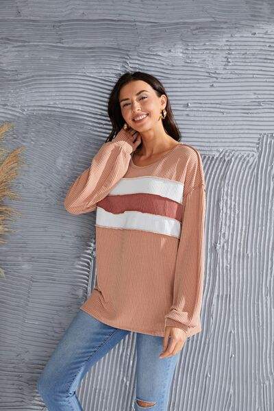 Ribbed Color Block Exposed Seam Round Neck Blouse Blouses - Tophatter Daily Deals