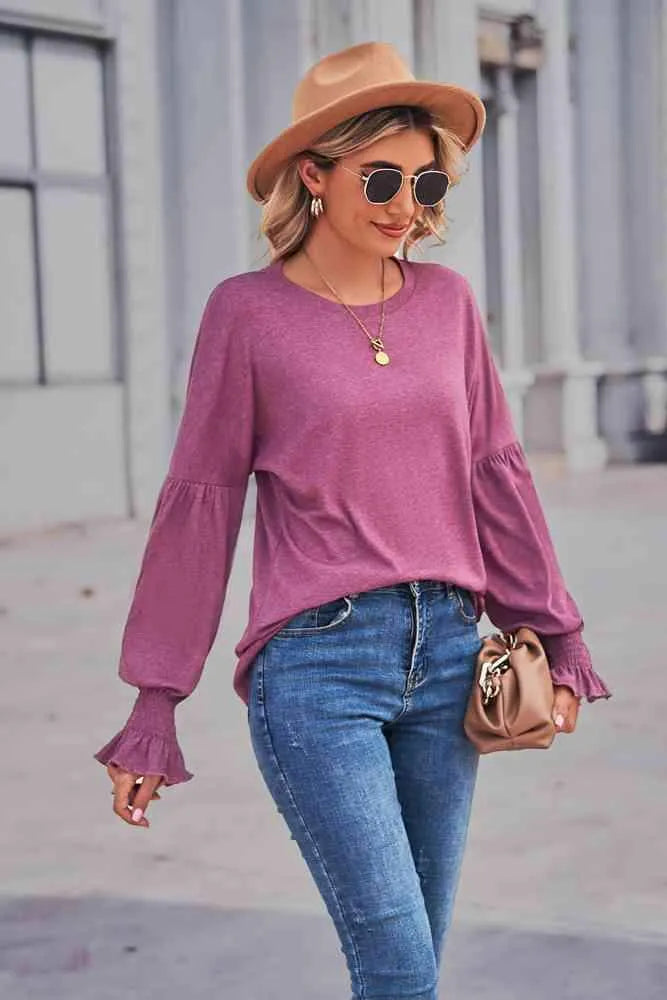 Round Neck Flounce Sleeve Blouse Fuchsia Blouses - Tophatter Daily Deals