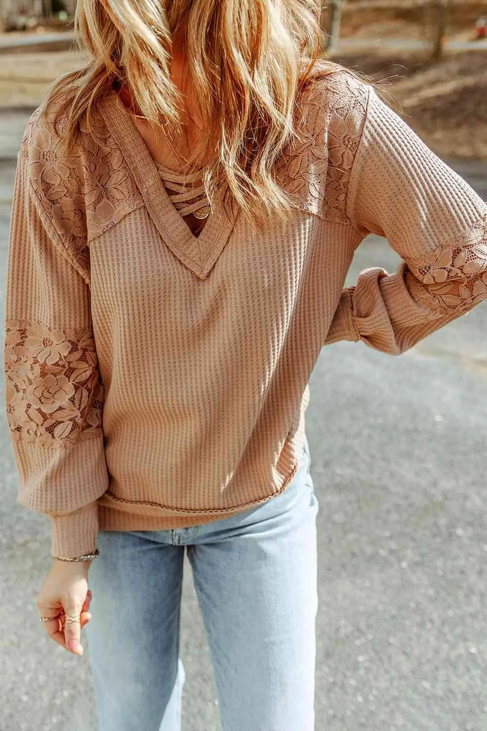 Crisscross V-Neck Waffle-Knit Top Camel Blouses - Tophatter Daily Deals