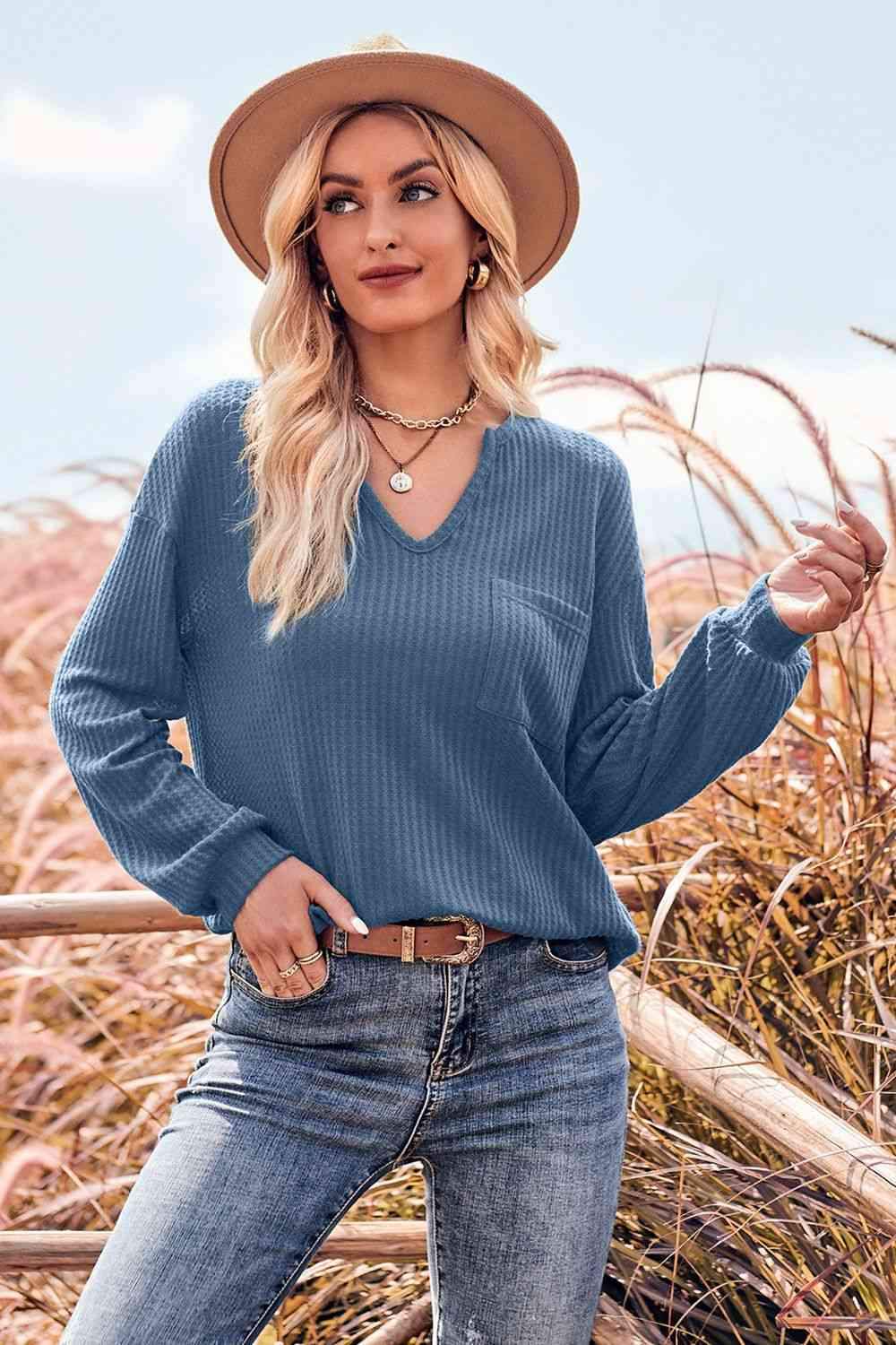 V-Neck Dropped Shoulder Waffle-Knit Blouse Dusty Blue Blouses - Tophatter Daily Deals