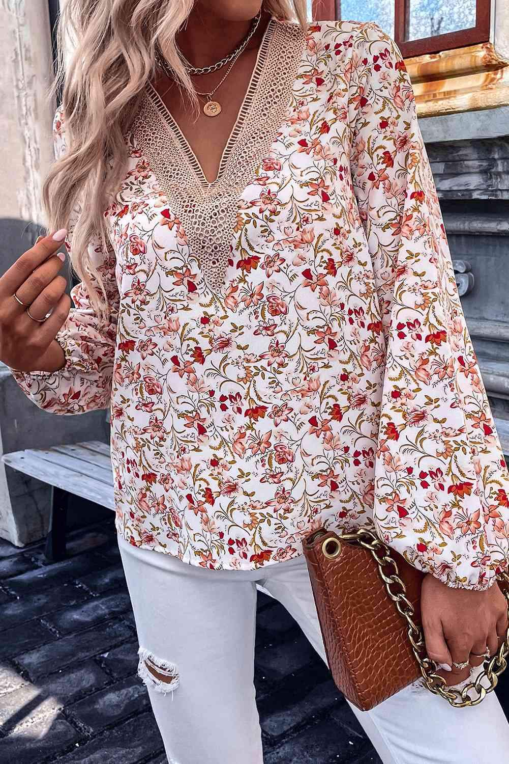 Printed V-Neck Long Sleeve Blouse Blouses - Tophatter Daily Deals