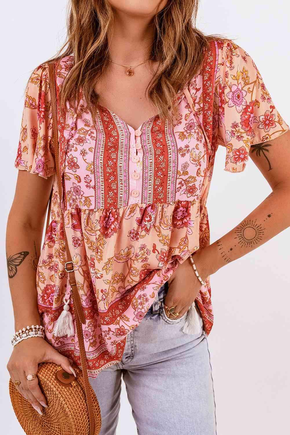 Bohemian Buttoned Short Puff Sleeve Blouse Red S Blouses - Tophatter Daily Deals