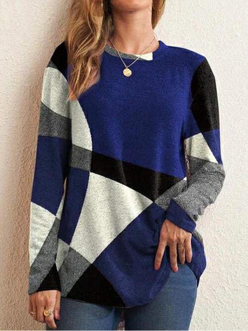 Color Block Round Neck Long Sleeve T-Shirt Navy Women's T-Shirts - Tophatter Daily Deals