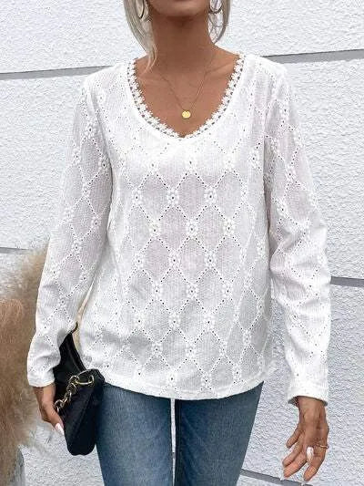 Eyelet V-Neck Long Sleeve T-Shirt Women's T-Shirts - Tophatter Daily Deals