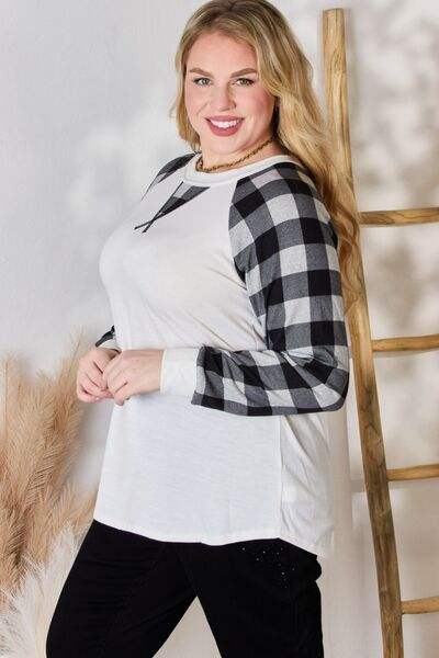 Hailey & Co Full Size Plaid Raglan Sleeve Round Neck Blouse Blouses - Tophatter Daily Deals