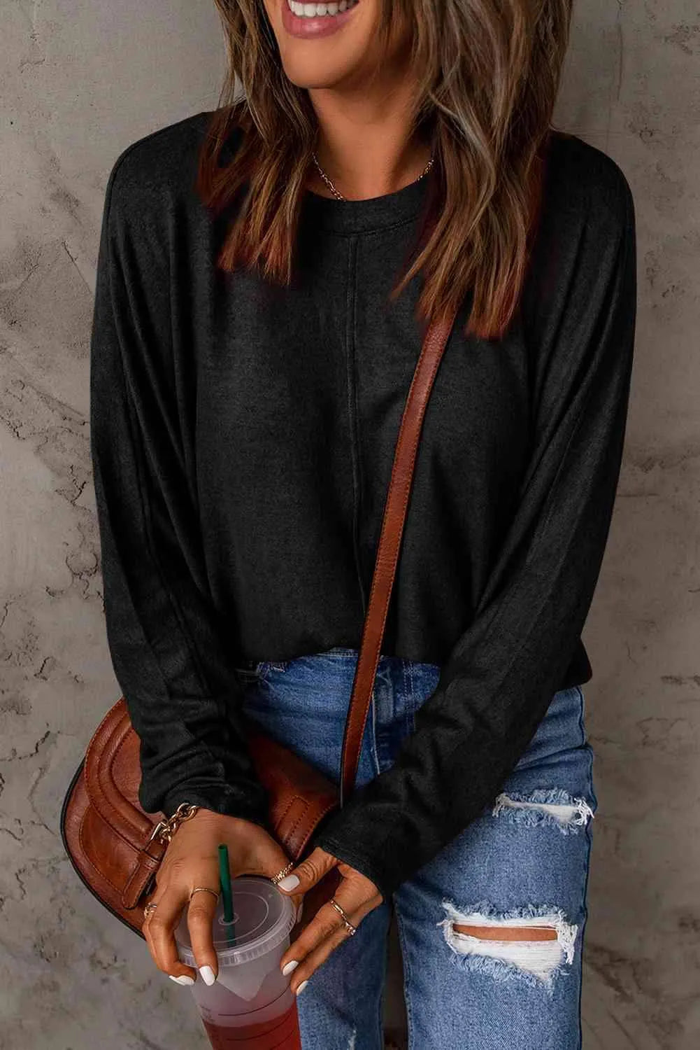 Seam Detail Round Neck Long Sleeve Top Black Women's T-Shirts - Tophatter Daily Deals