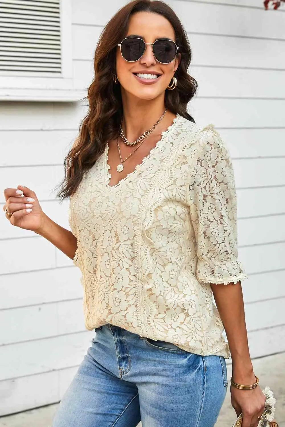 Lace V-Neck Flounce Sleeve Top Blouses - Tophatter Daily Deals