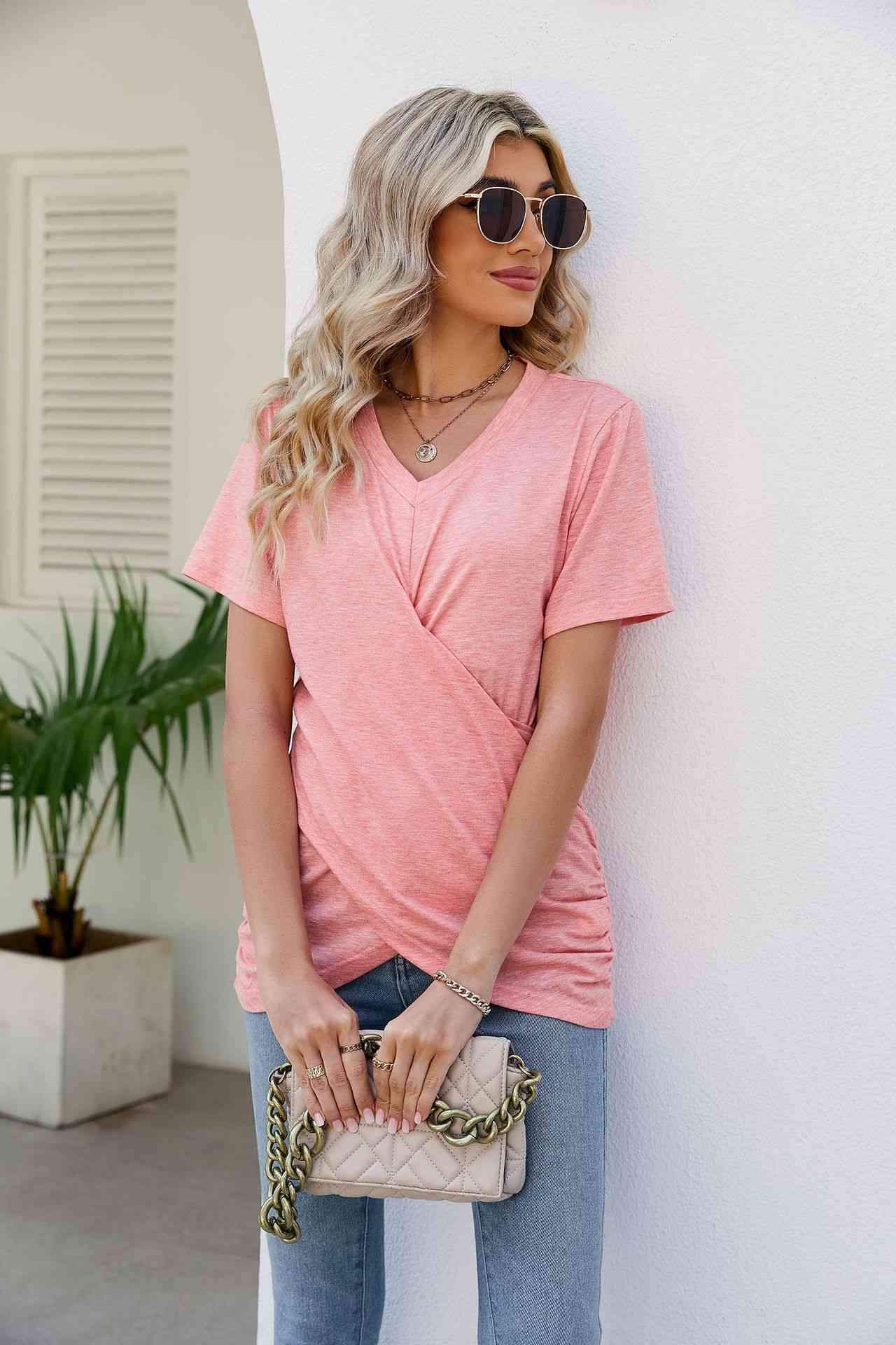 V-Neck Crisscross Short Sleeve Tee Women's T-Shirts - Tophatter Daily Deals