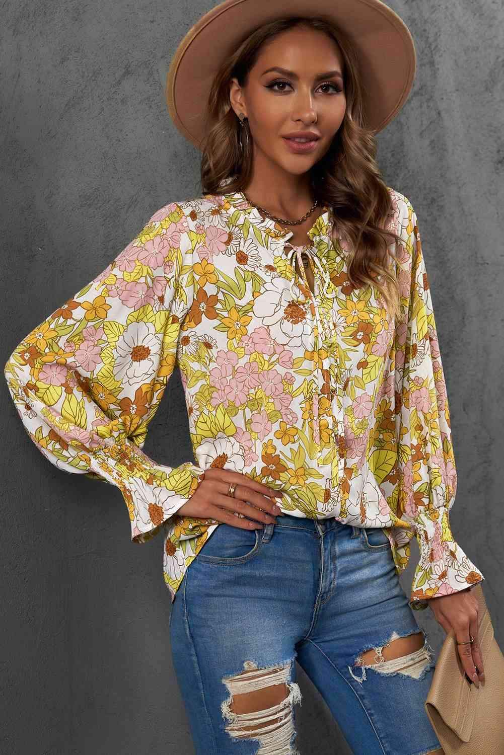 Floral Frill Trim Tie Neck Flounce Sleeve Blouse Blouses - Tophatter Daily Deals