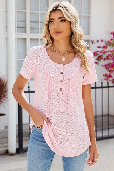 Eyelet Quarter Button Short Sleeve T-Shirt Women's T-Shirts - Tophatter Daily Deals