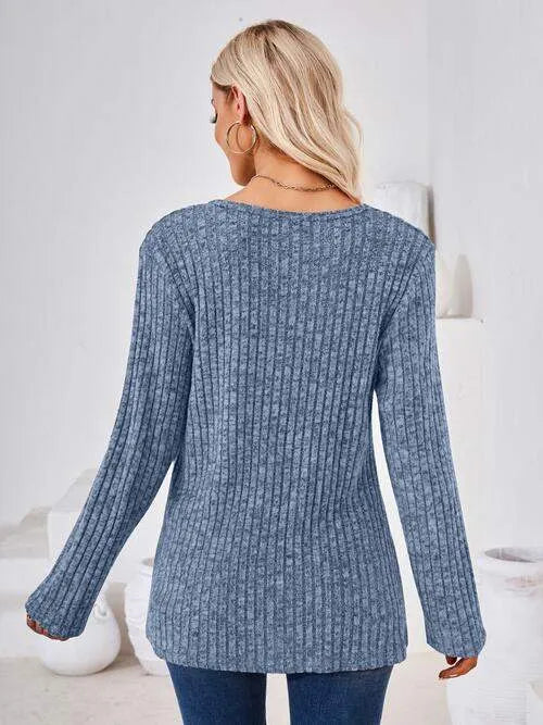 Ribbed Buttoned Round Neck Slit T-Shirt Women's T-Shirts - Tophatter Daily Deals