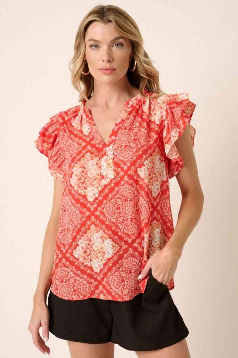 Mittoshop Full Size Printed Butterfly Sleeve Blouse Red Blouses - Tophatter Daily Deals