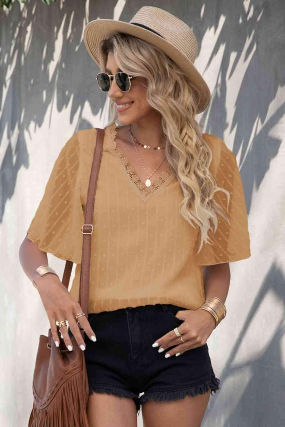 Swiss Dot Lace Trim Flutter Sleeve V-Neck Blouse Blouses - Tophatter Daily Deals