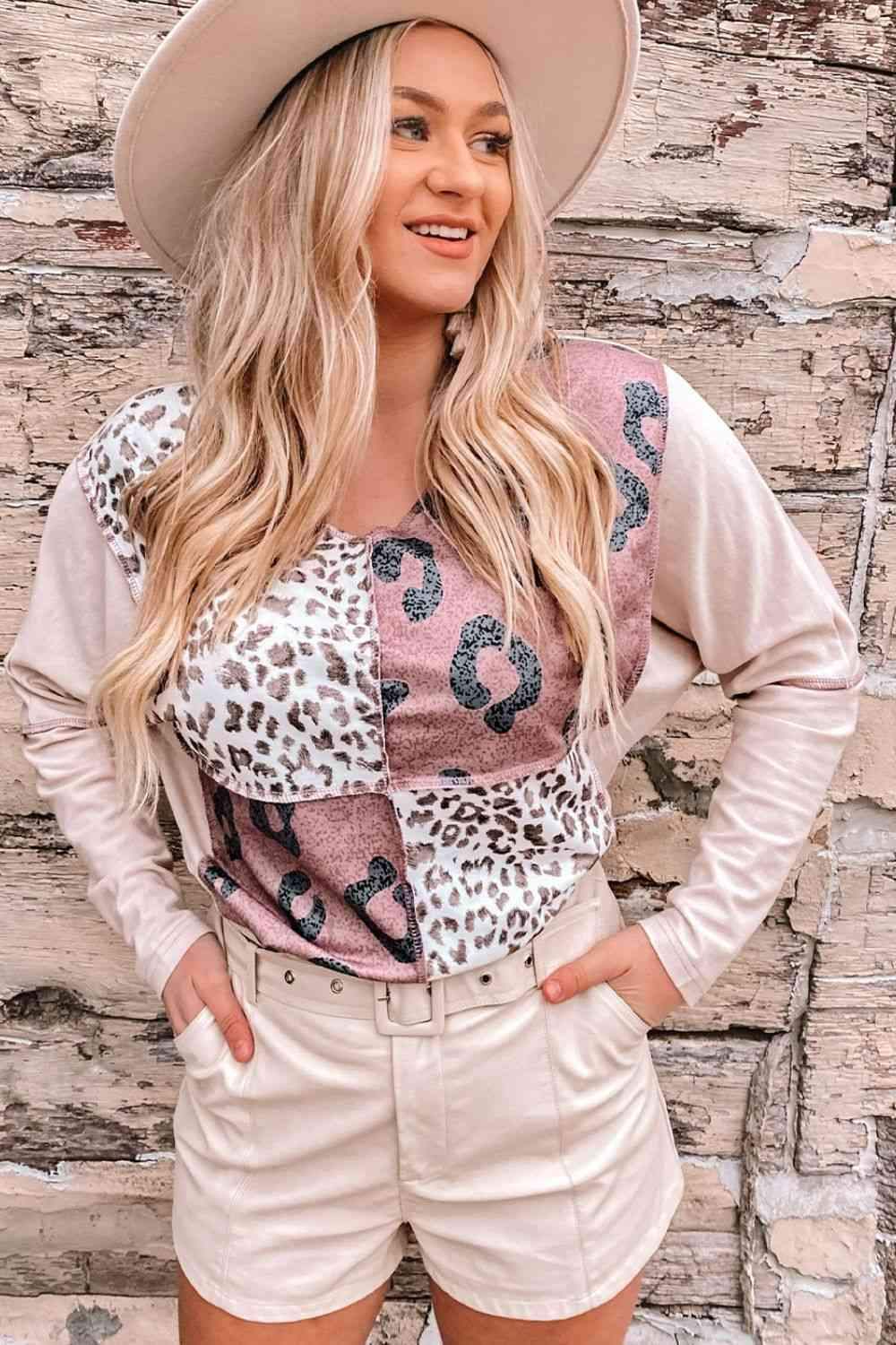 Leopard Exposed Seam Long Sleeve Top Leopard Blouses - Tophatter Daily Deals