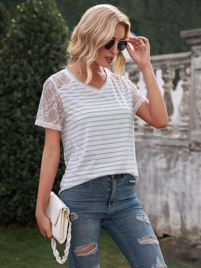 Lace Detail Striped V-Neck T-Shirt Women's T-Shirts - Tophatter Daily Deals