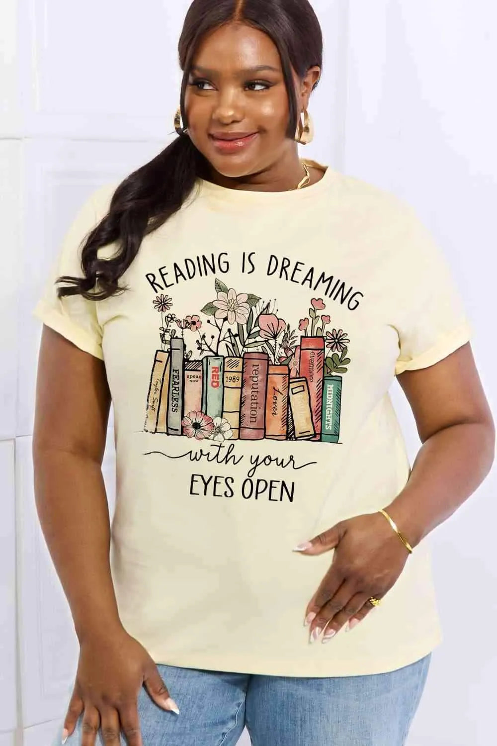 Simply Love Simply Love Full Size READING IS DREAMING WITH YOUR EYES OPEN Graphic Cotton Tee Women's T-Shirts - Tophatter Daily Deals