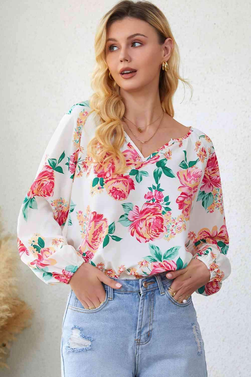 Double Take Floral Notched Neck Long Sleeve Blouse Blouses - Tophatter Daily Deals