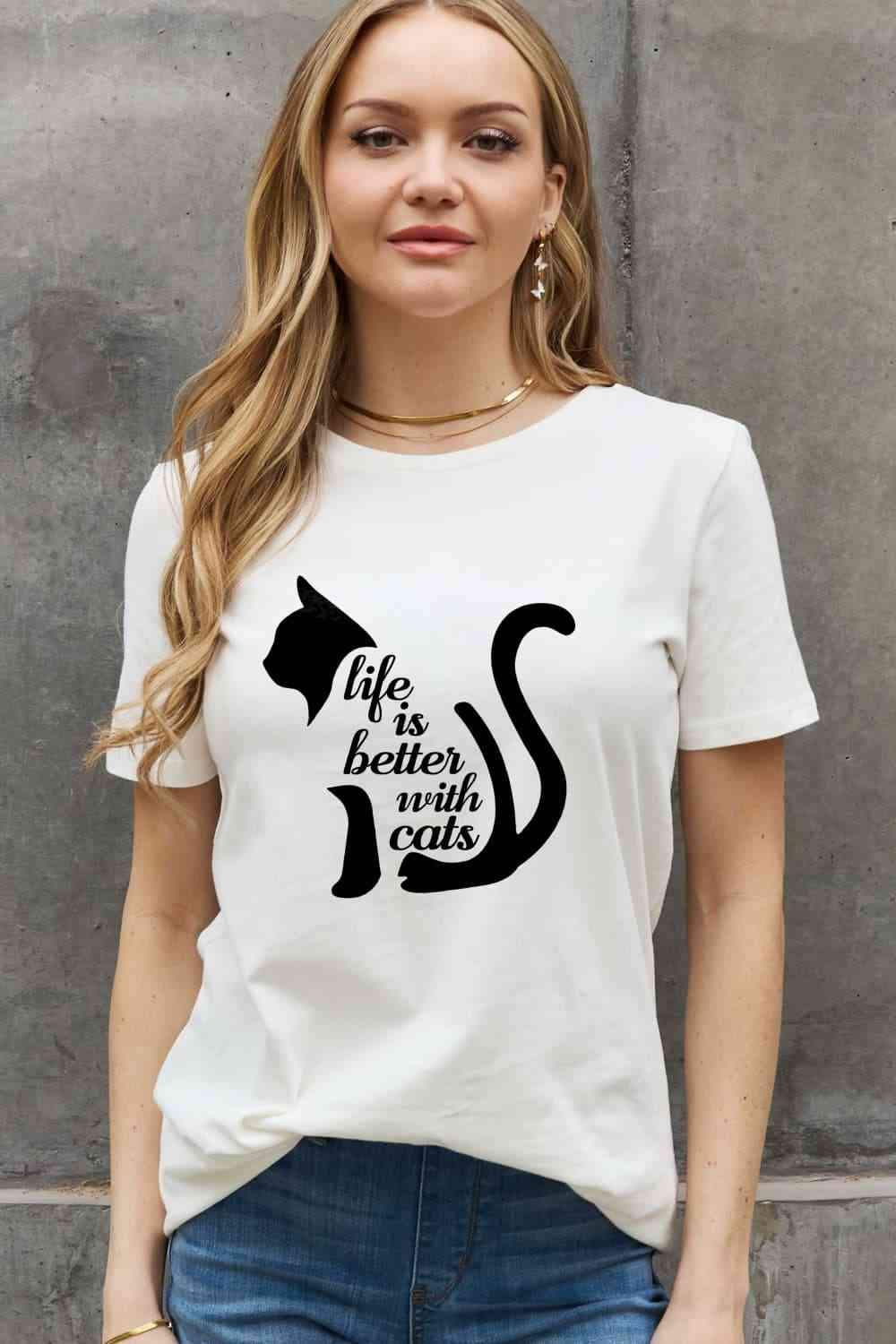 Simply Love Simply Love Full Size LIFE IS BETTER WITH CATS Graphic Cotton Tee Women's T-Shirts - Tophatter Daily Deals