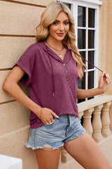 Half Button Drawstring Short Sleeve Hooded T-Shirt Women's T-Shirts - Tophatter Daily Deals