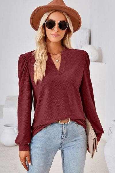 Ruched Notched Long Sleeve T-Shirt Women's T-Shirts - Tophatter Daily Deals