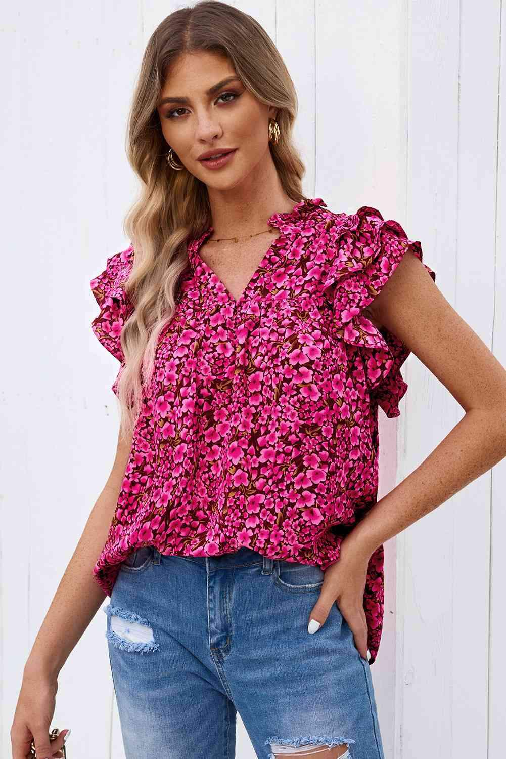 Floral Flutter Sleeve Notched Neck Blouse Blouses - Tophatter Daily Deals