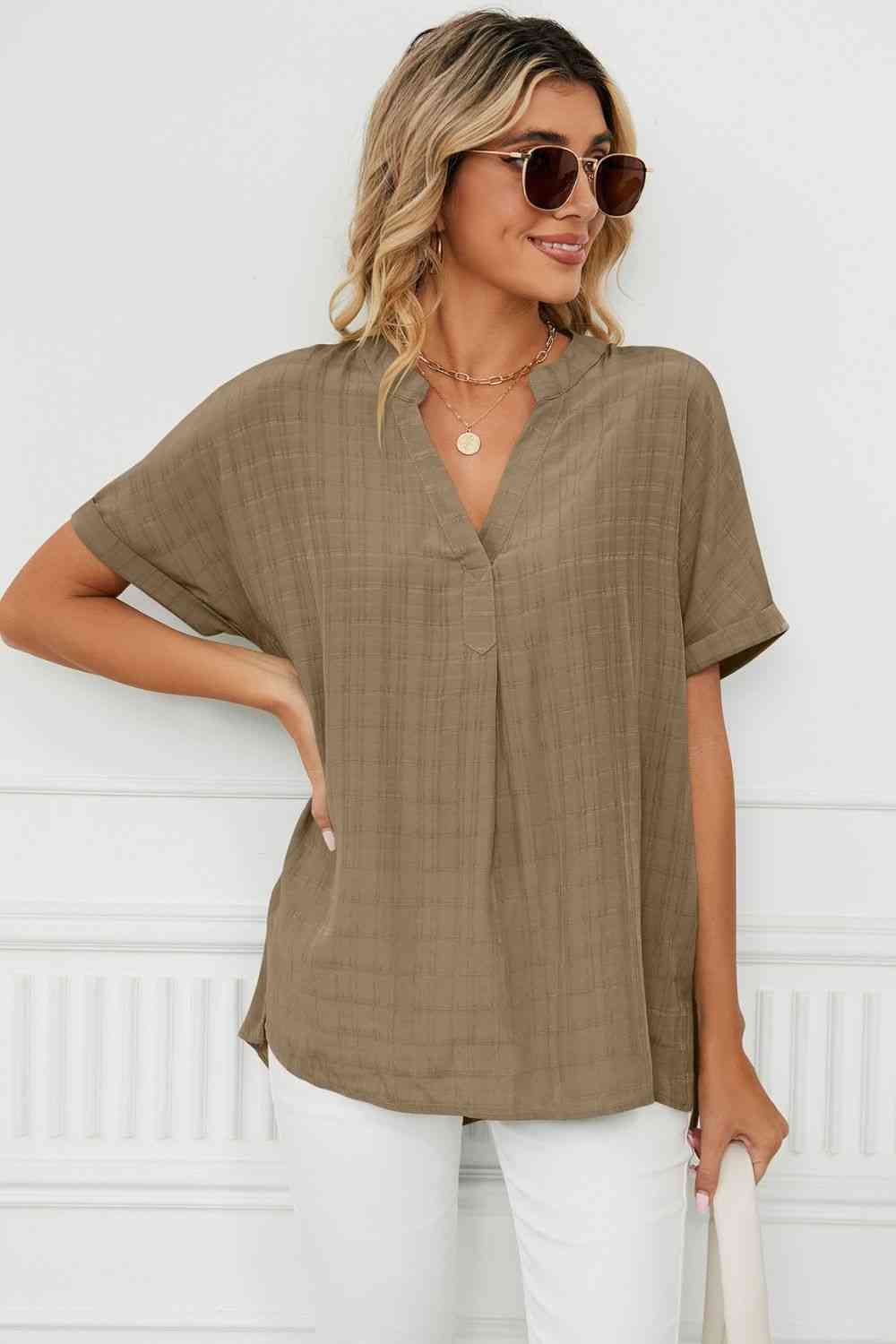 Side Slit Notched Neck Cuffed Short Sleeve Blouse - Tophatter Deals