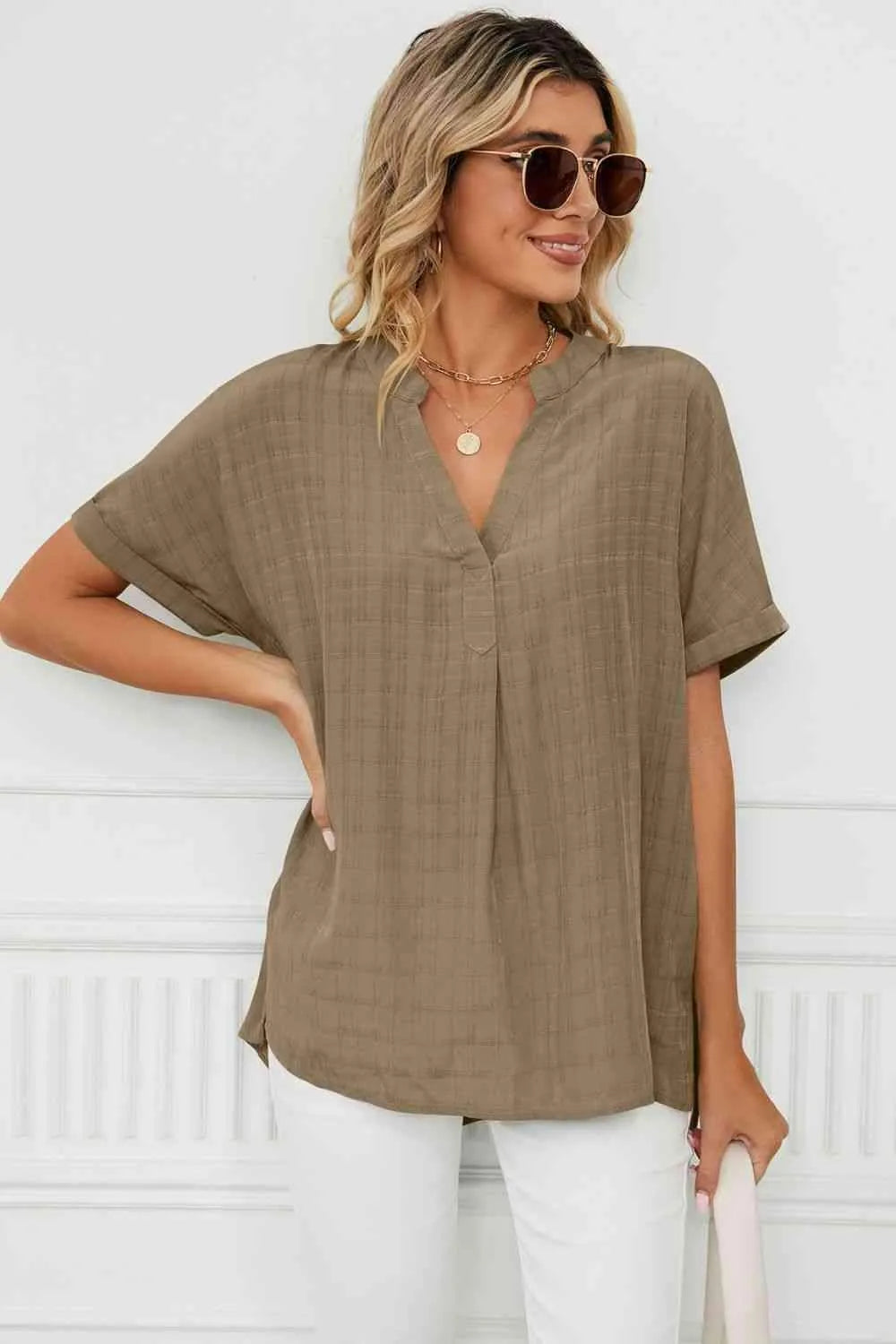 Side Slit Notched Neck Cuffed Short Sleeve Blouse Khaki Blouses - Tophatter Daily Deals