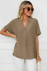 Side Slit Notched Neck Cuffed Short Sleeve Blouse Khaki Blouses - Tophatter Daily Deals