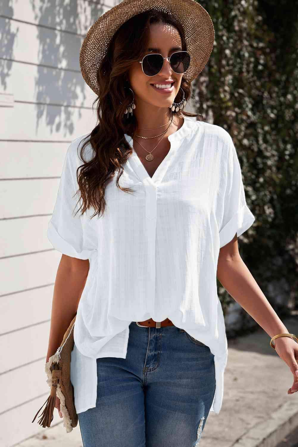 Notched Side Slit Cuffed Blouse White Blouses - Tophatter Daily Deals