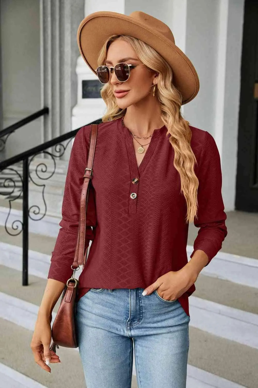 Notched Neck Long Sleeve Buttoned Blouse Blouses - Tophatter Daily Deals