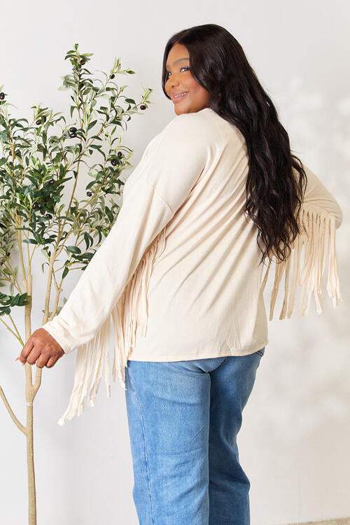 Celeste Full Size Fringe Detail Long Sleeve Blouse Blouses - Tophatter Daily Deals