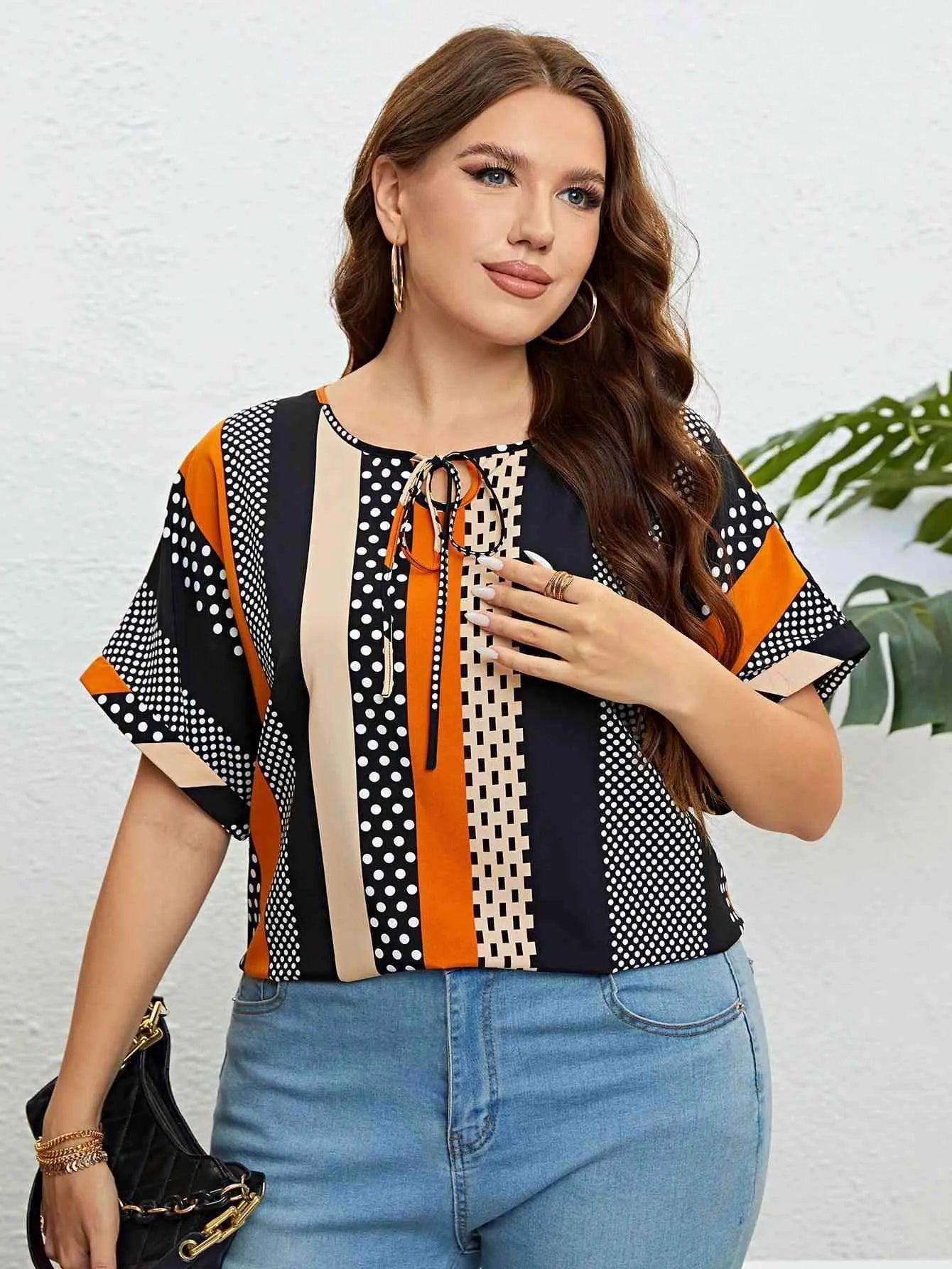 Striped Tie Neck Blouse Blouses - Tophatter Daily Deals
