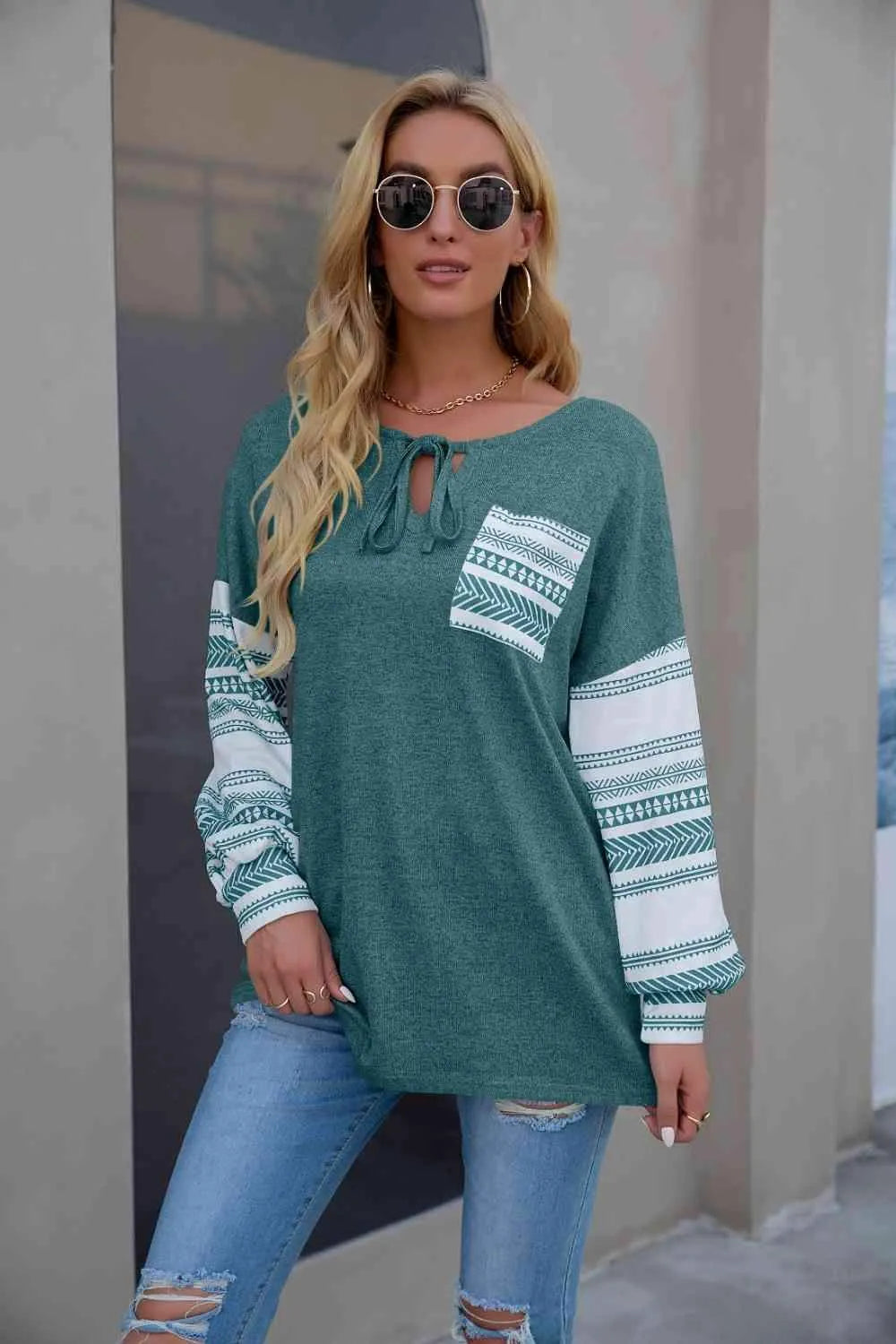 Tie Neck Lantern Sleeve Top Teal Blouses - Tophatter Daily Deals