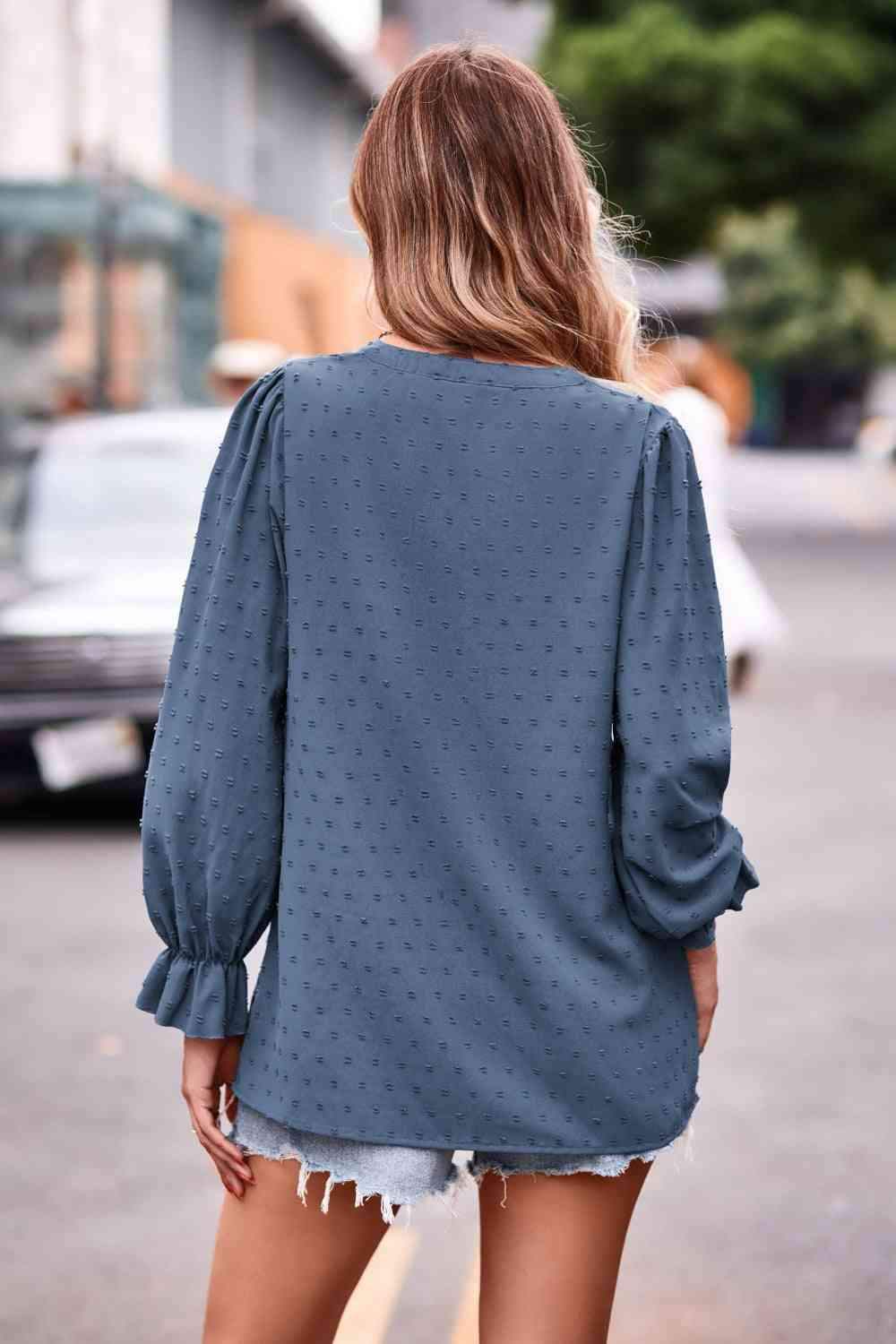 Swiss Dot Notched Neck Flounce Sleeve Blouse Blouses - Tophatter Daily Deals