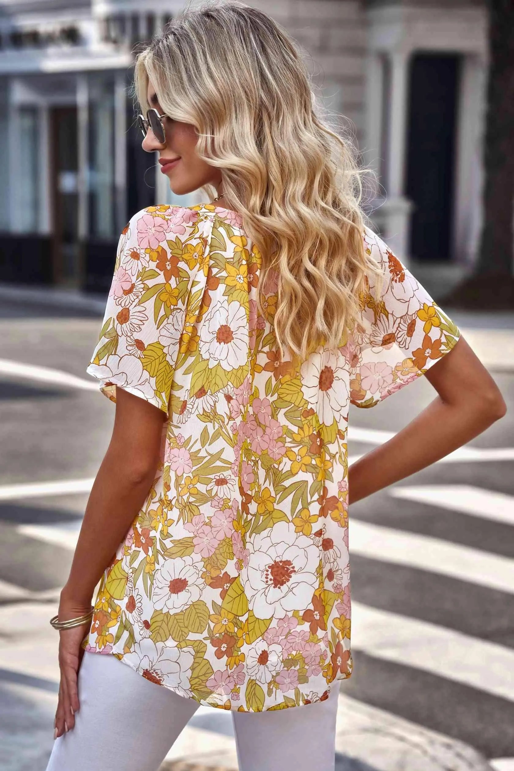Floral Notched Neck Flutter Sleeve Blouse Blouses - Tophatter Daily Deals