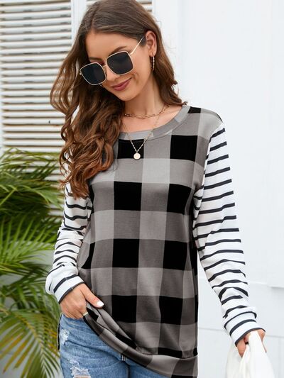 Plaid Striped Round Neck Long Sleeve T-Shirt Women's T-Shirts - Tophatter Daily Deals