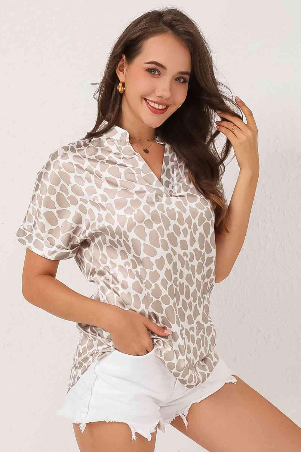 Printed Notched Neck Short Sleeve Top Blouses - Tophatter Daily Deals