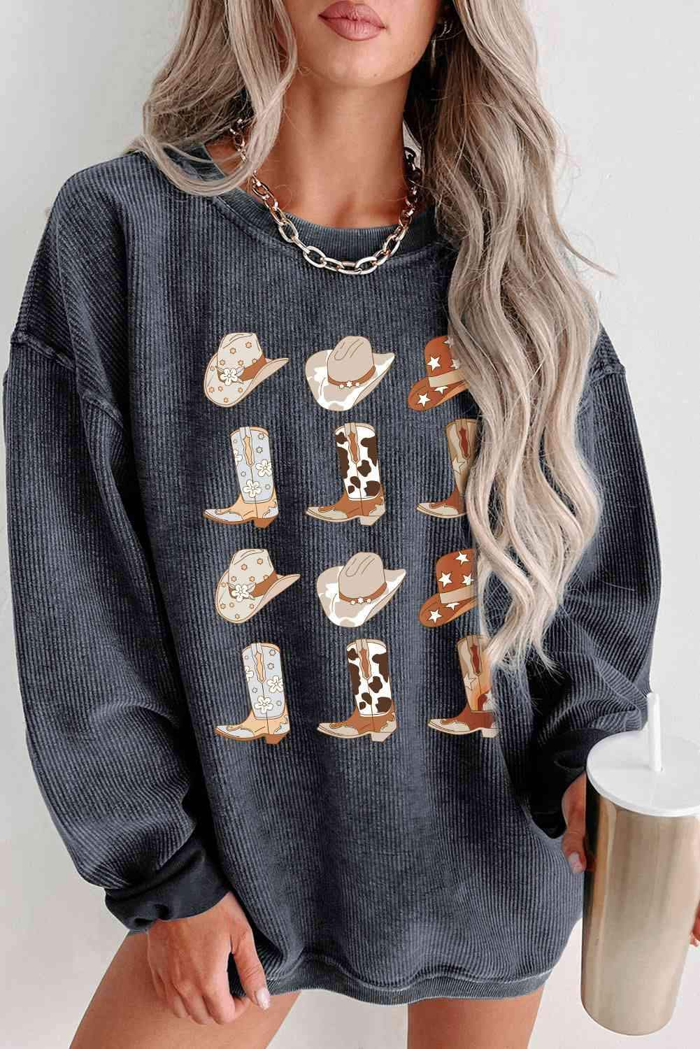 Cowboy Hat & Boot Graphic Sweatshirt Charcoal - Tophatter Daily Deals