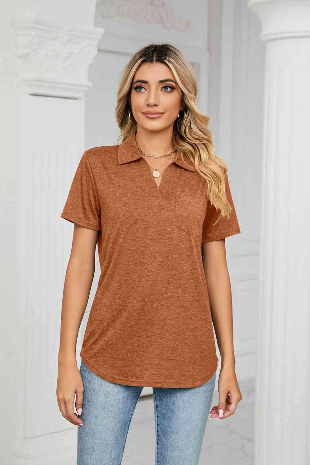 Curved Hem Johnny Collar Polo Shirt Brown Blouses - Tophatter Daily Deals